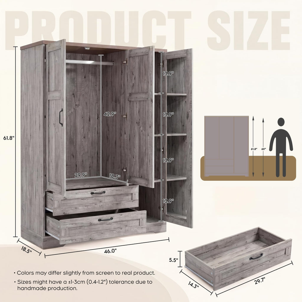 Armoire Wardrobe Closet with 3 Door, Bedroom Wooden Armoires with Full Length Mirror, Large Clothing Storage Cabinet