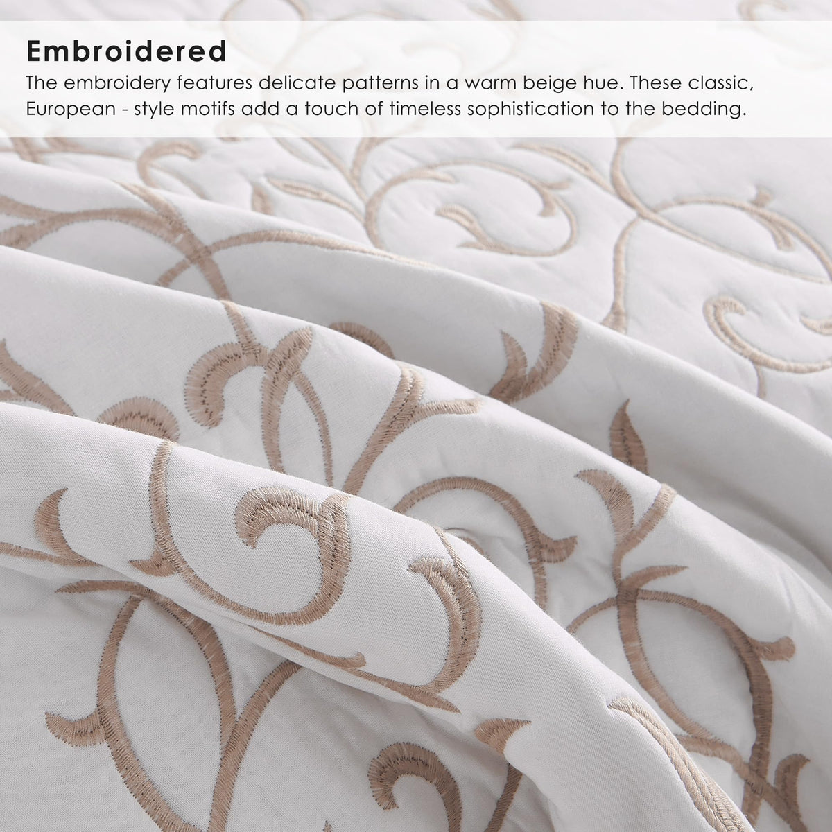Cotton Quilt - Embroidered Beige Quilt Tan Cotton Coverlet, French Country Toile Bedding, Farmhouse Bed