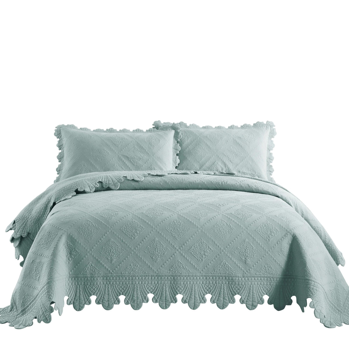 3-Piece 100% Cotton Oversized Bedspread Lightweight Quilt Coverlet Embroidery Farmhouse Bedding Set (Tk Aqua Green