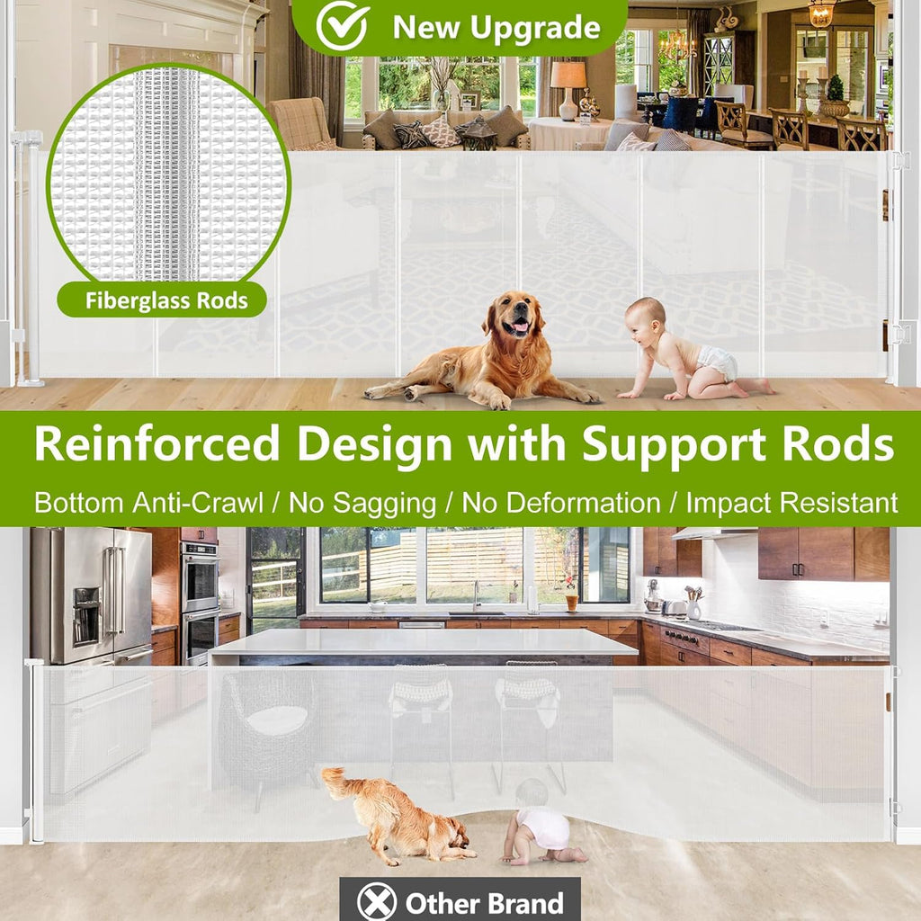 Reinforced 42" Tall Dog Gate 195" Extra Wide Retractable Baby Gate, White