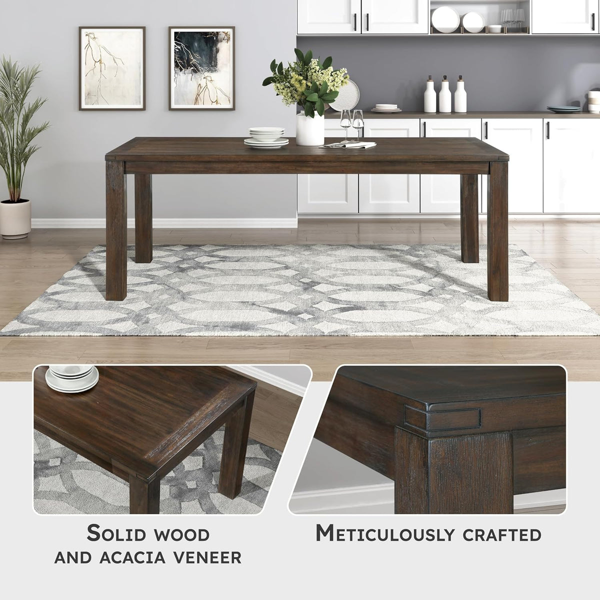 79" Dining Table for 8, Modern Rectangular Dining Room Table, Solid Acacia Wood Dining Table, Modern Wood Table with Solid Wood Leg for Kitchen/Dining/Living Room, Easy Assembly, Dark Brown
