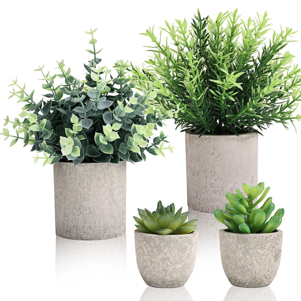 4 Pack Small Fake Plants Eucalyptus Rosemary Succulents Plants Artificial in Pots for Shelf Artificial Greenery