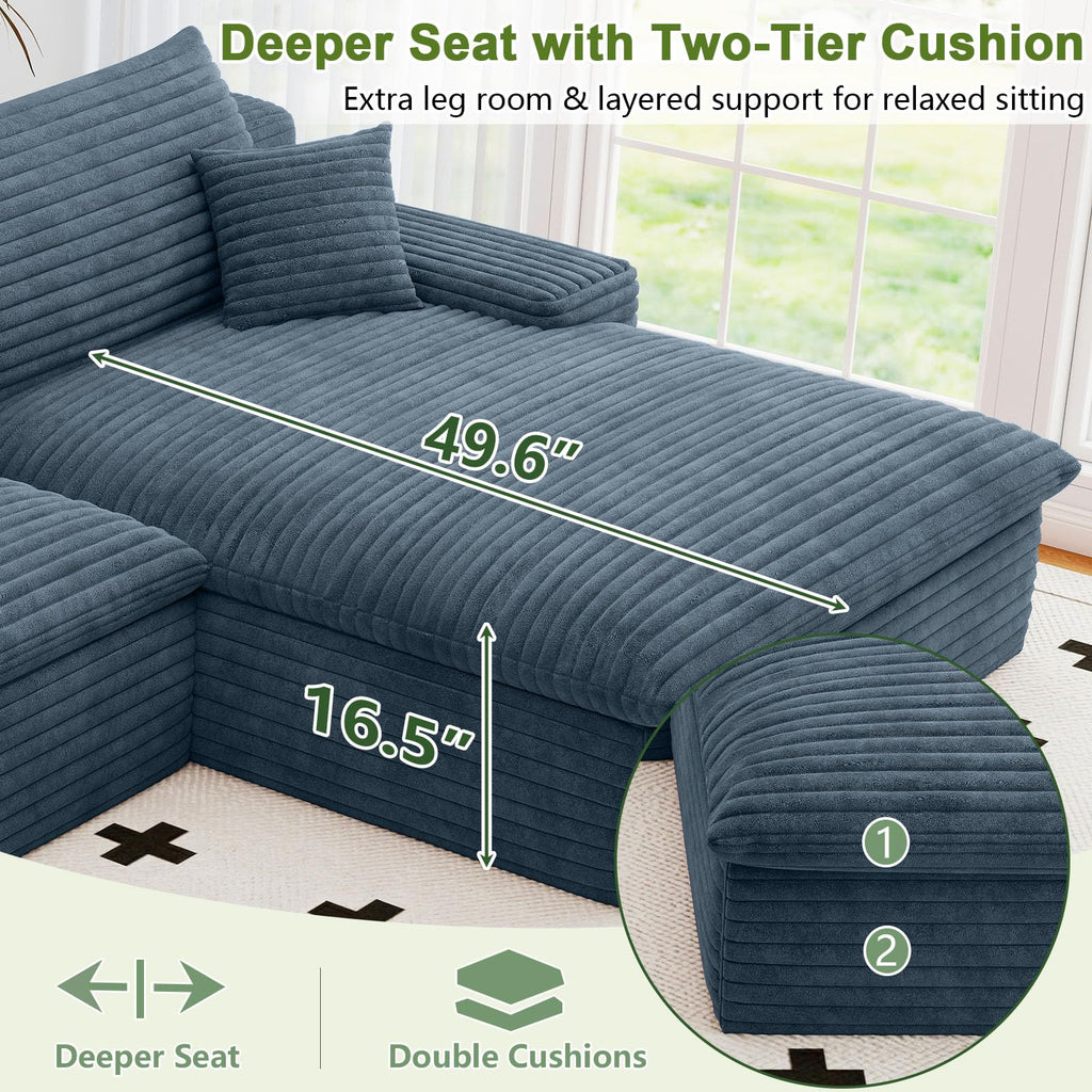 136" Cloud Sectional Couch with U-Shaped Chaise, Corduroy Viral Boneless Sofa with Ottoman, Memory Foam Couches in a