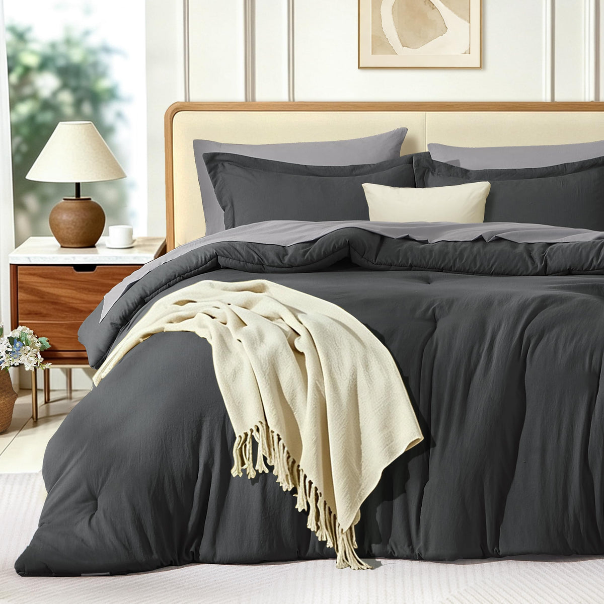 Prewashed Comforter Set 7 Pieces, Drak Gray Bed Set