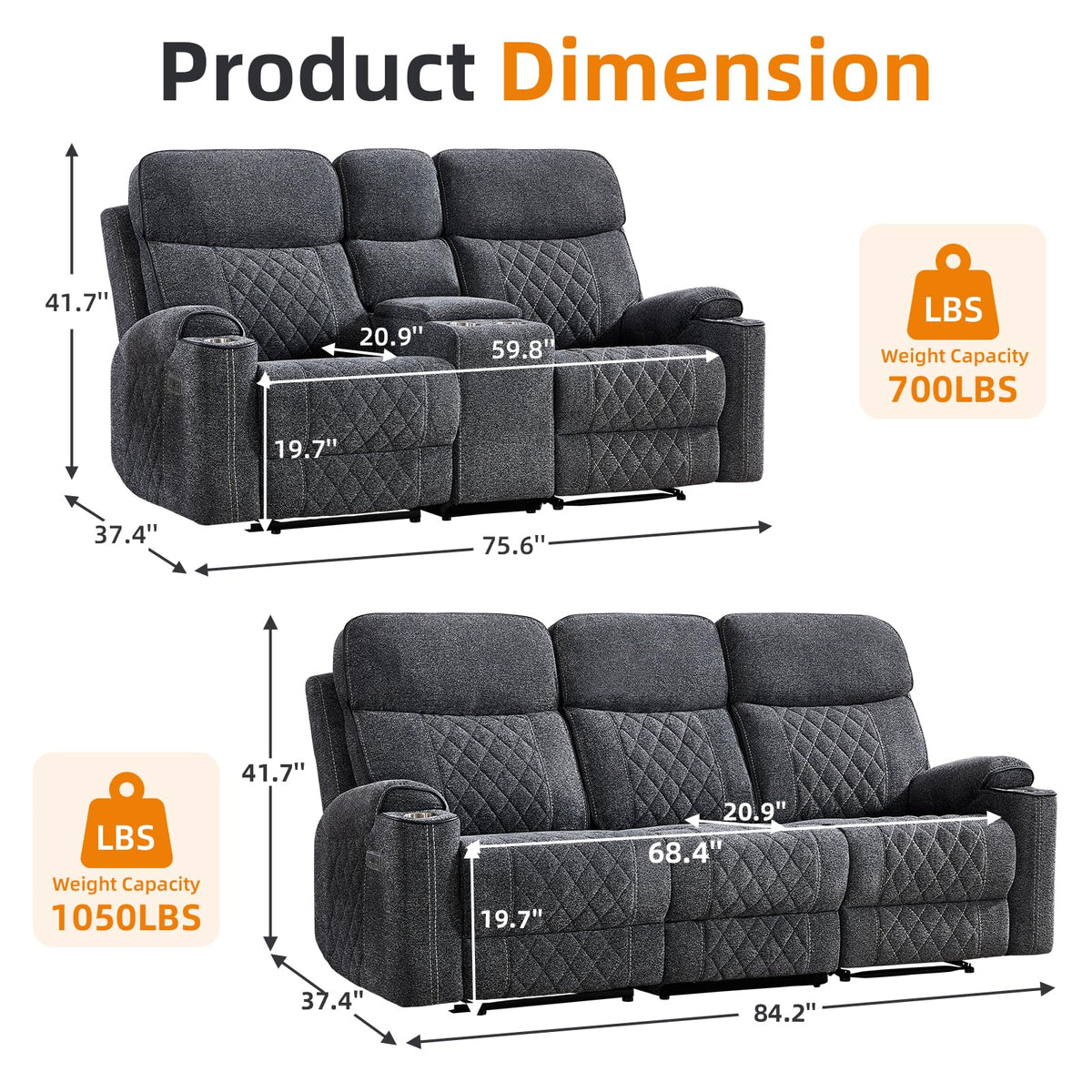 Power Reclining Sofa Set, Fabric Electric Recliner Loveseat and 3 Seater Sofa Couch with Cup Holders, USB Type-C