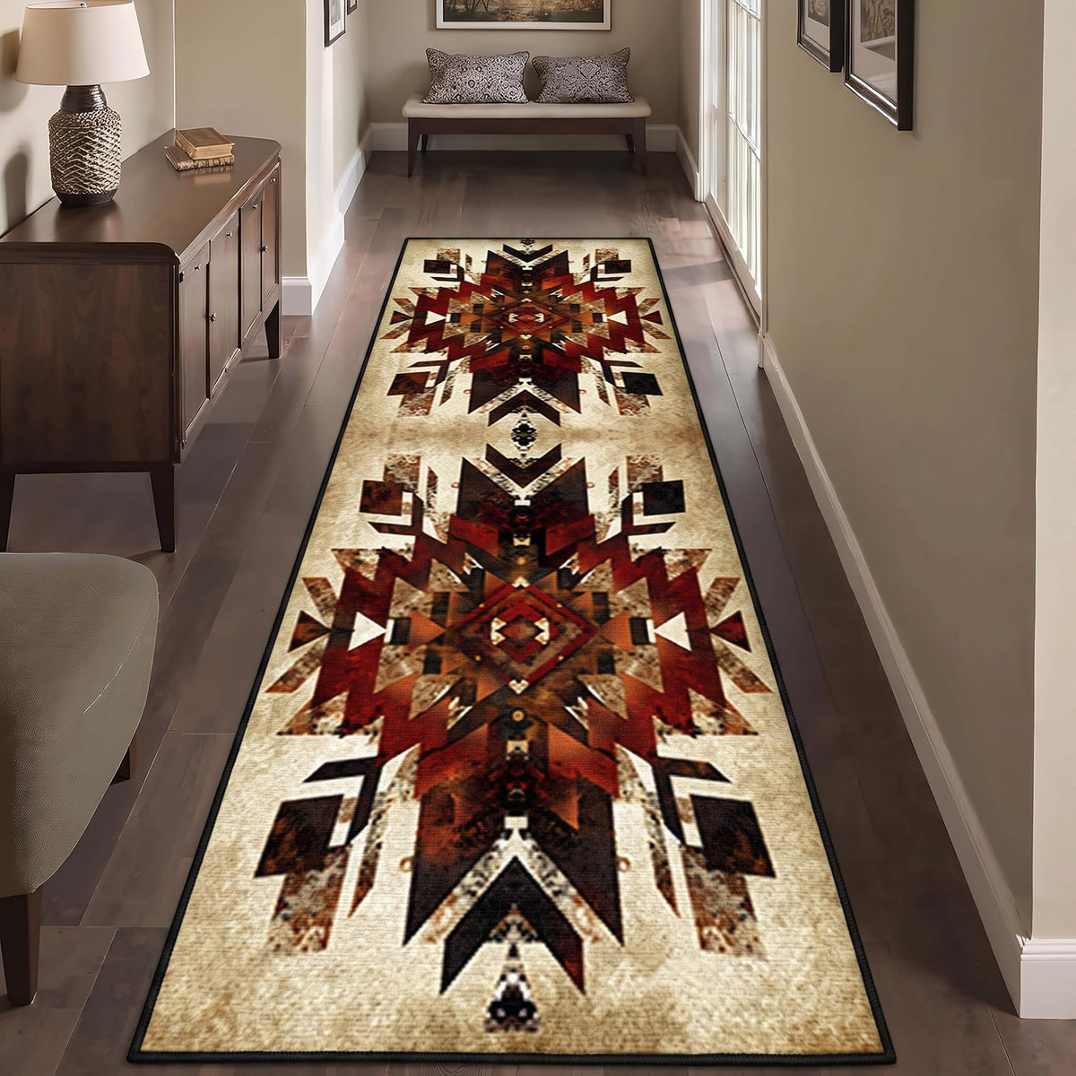 Southwestern Tribal Runner Rug, Native American Ethnic Pattern Print Distressed Aztec Retro Throw Rugs, Cozy
