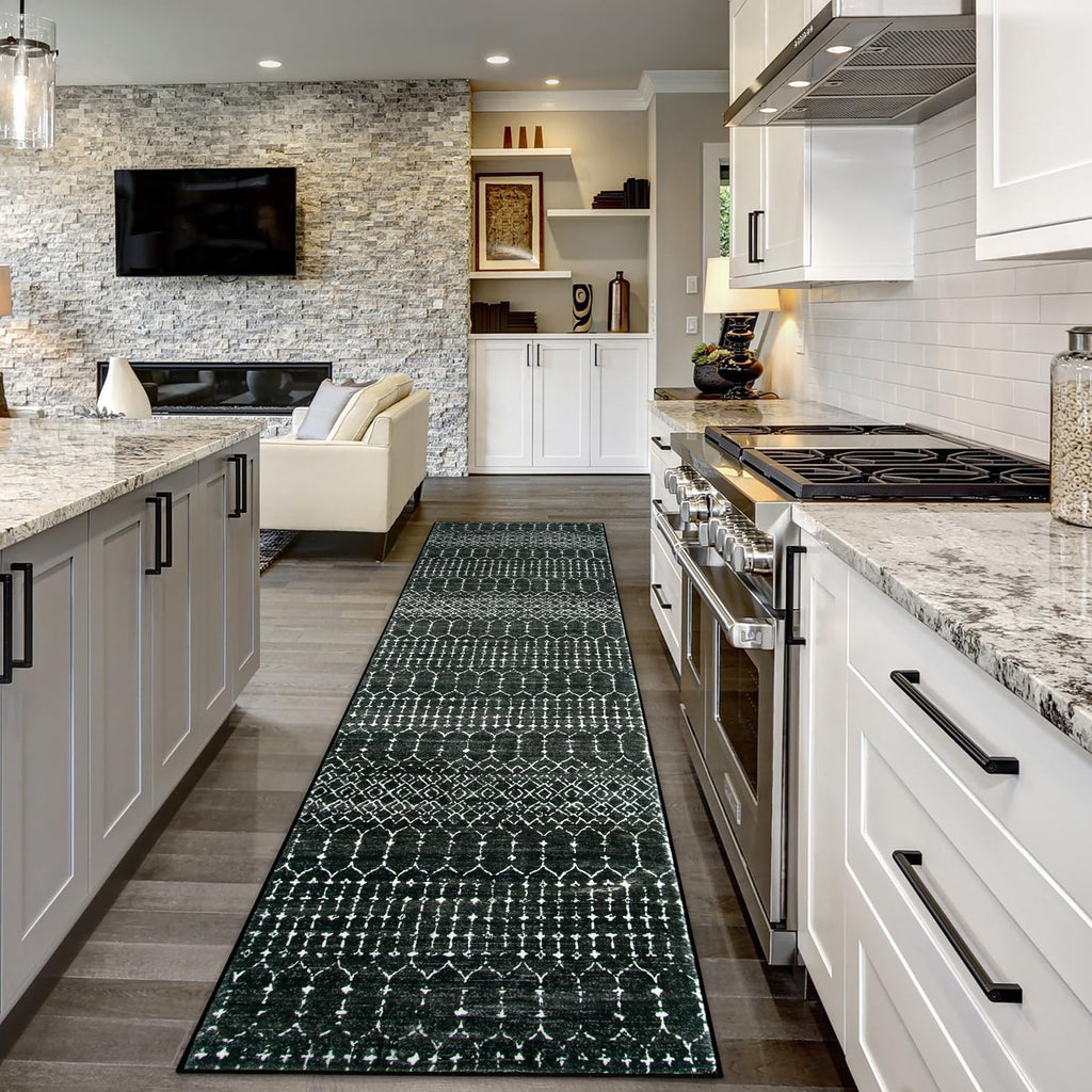 Moroccan Black Long Runner Washable Hallway Rug, Ultra-Thin Non Slip Kitchen Runner, Soft Modern Print Indoor Floor