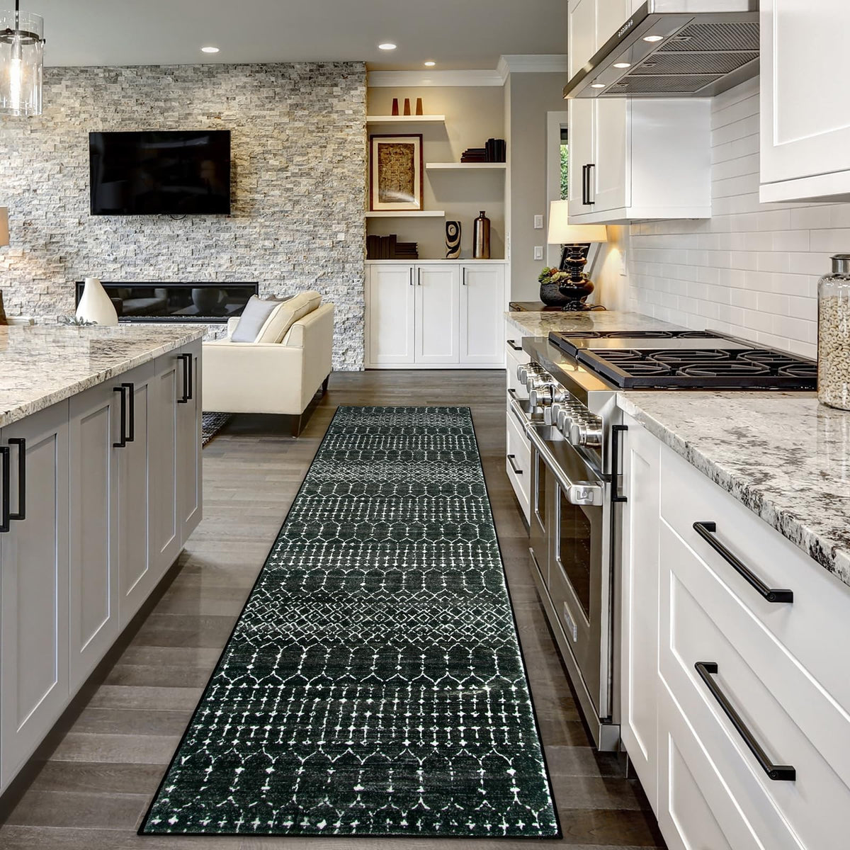 Moroccan Black Long Runner Washable Hallway Rug, Ultra-Thin Non Slip Kitchen Runner, Soft Modern Print Indoor Floor