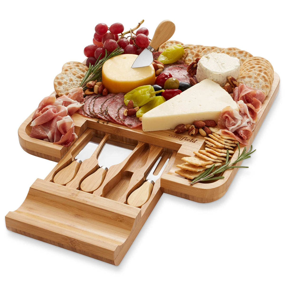 Bamboo Cheese Board and Knife Gift Set, Wooden Charcuterie Board Meat and Cheese Platter for Entertaining