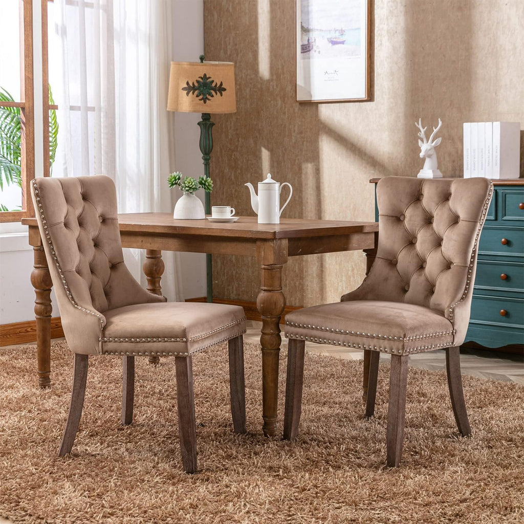 Velvet Dining Chairs Set of 4, Tufted Upholstered Chairs with Nailhead Back and Ring Pull, Solid Wood Legs, Khaki