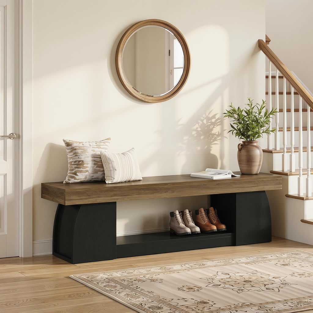 63" Entryway Bench with Storage, 2-Tier Farmhouse Long End of Bed Bench with Studry Frame, Narrow Wooden Indoor Shoe