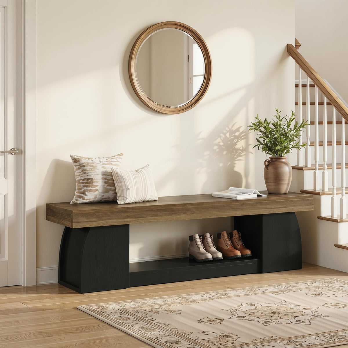 63" Entryway Bench with Storage, 2-Tier Farmhouse Long End of Bed Bench with Studry Frame, Narrow Wooden Indoor Shoe