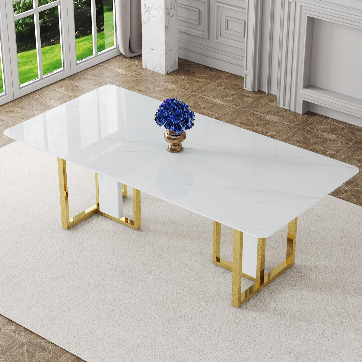 79 Inch Faux Marble Dining Table, White Rectangular Kitchen Table, 1.8 Inch Thick Mid Century Modern Dinner Table