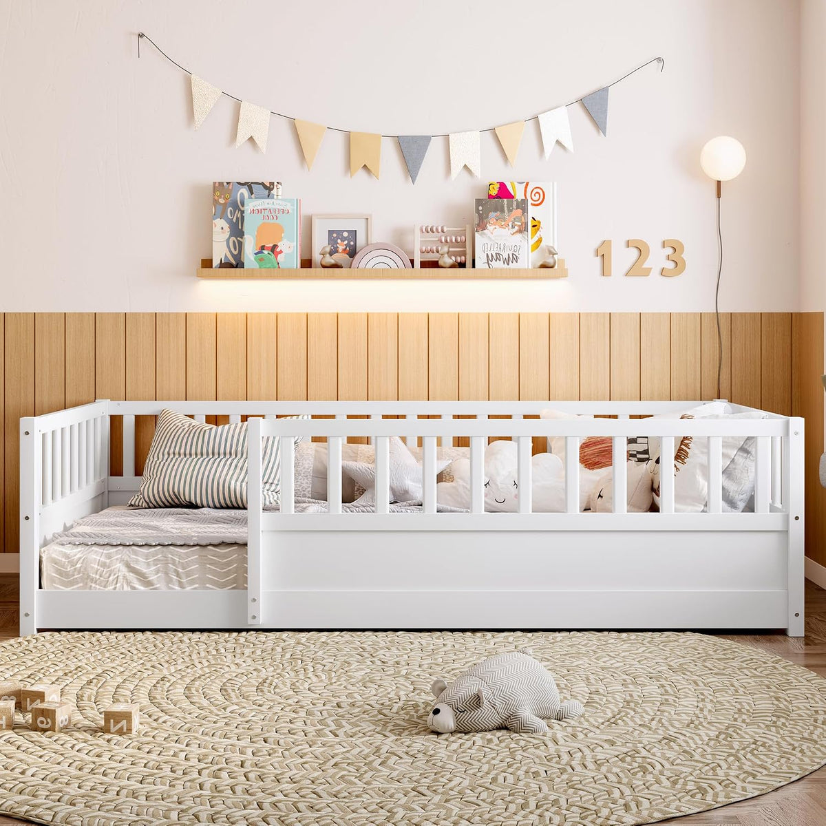Twin Size Montessori Floor Bed with High Rails, High Rails Floor Bed with Slats and Fence, Easy Assemble Montessori