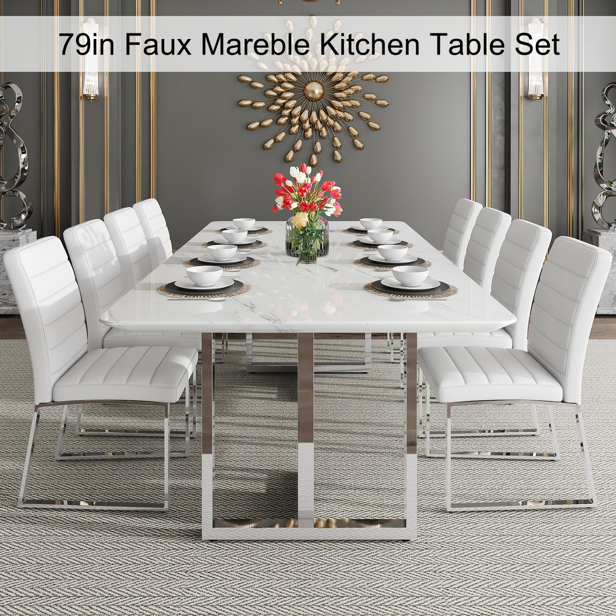 79 Inch Modern Dining Table Set for 8, White Luxury Kitchen Set with 1.8-inch Faux Marble Table Top & 8 PU Leather