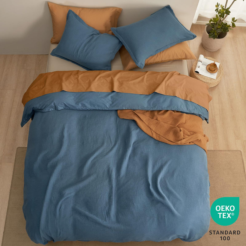 100% Cotton Muslin Duvet Cover, 3-Layer Guaze Ultra Soft Breathable Textured Linen Like, 3pcs Bedding