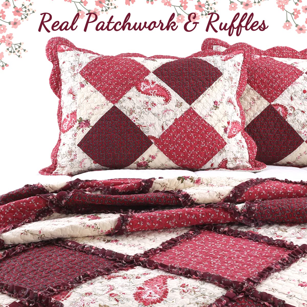 100% Cotton True Patchwork Reversible Red Floral Paisley Rag Ruffle Farmhouse Quilt Bedding Set, Coverlet Bedspread