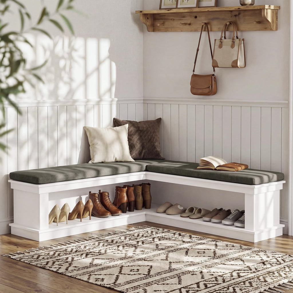 L-Shaped Storage Bench with Cushion, 55" Farmhouse Wooden Corner Entryway Shoe Bench with Open Shelves, L-Shaped
