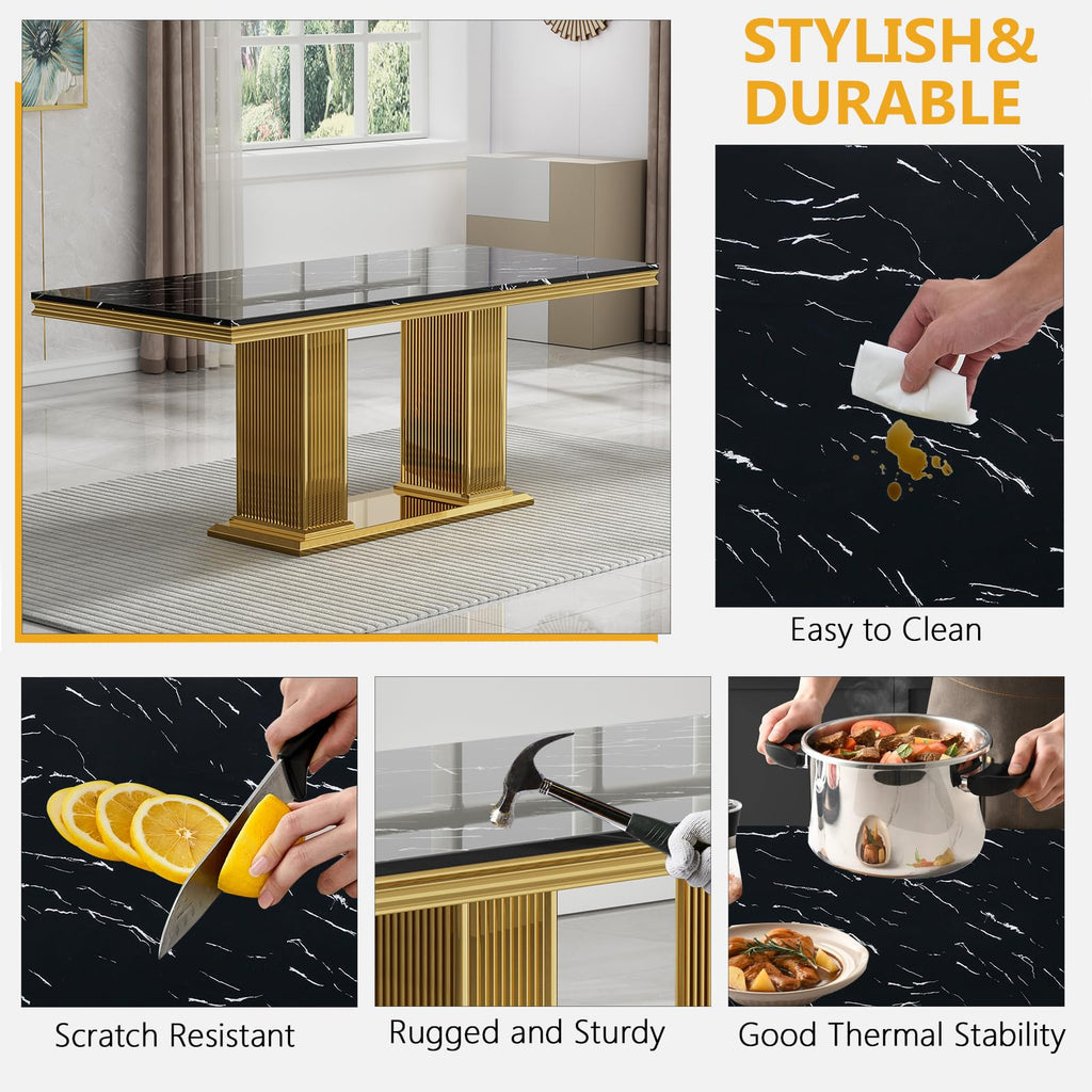 68 in Faux Marble Dining Table for 4-6, Black Marble Dining Table with Gold Stainless Steel Base, Luxury Rectangular