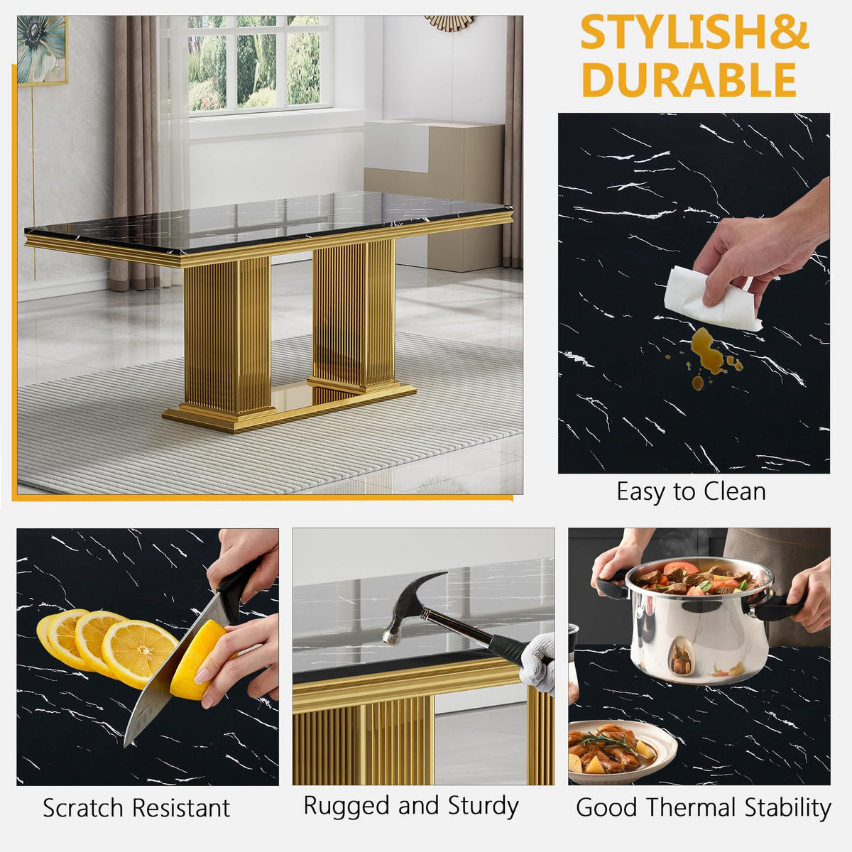 68 in Faux Marble Dining Table for 4-6, Black Marble Dining Table with Gold Stainless Steel Base, Luxury Rectangular