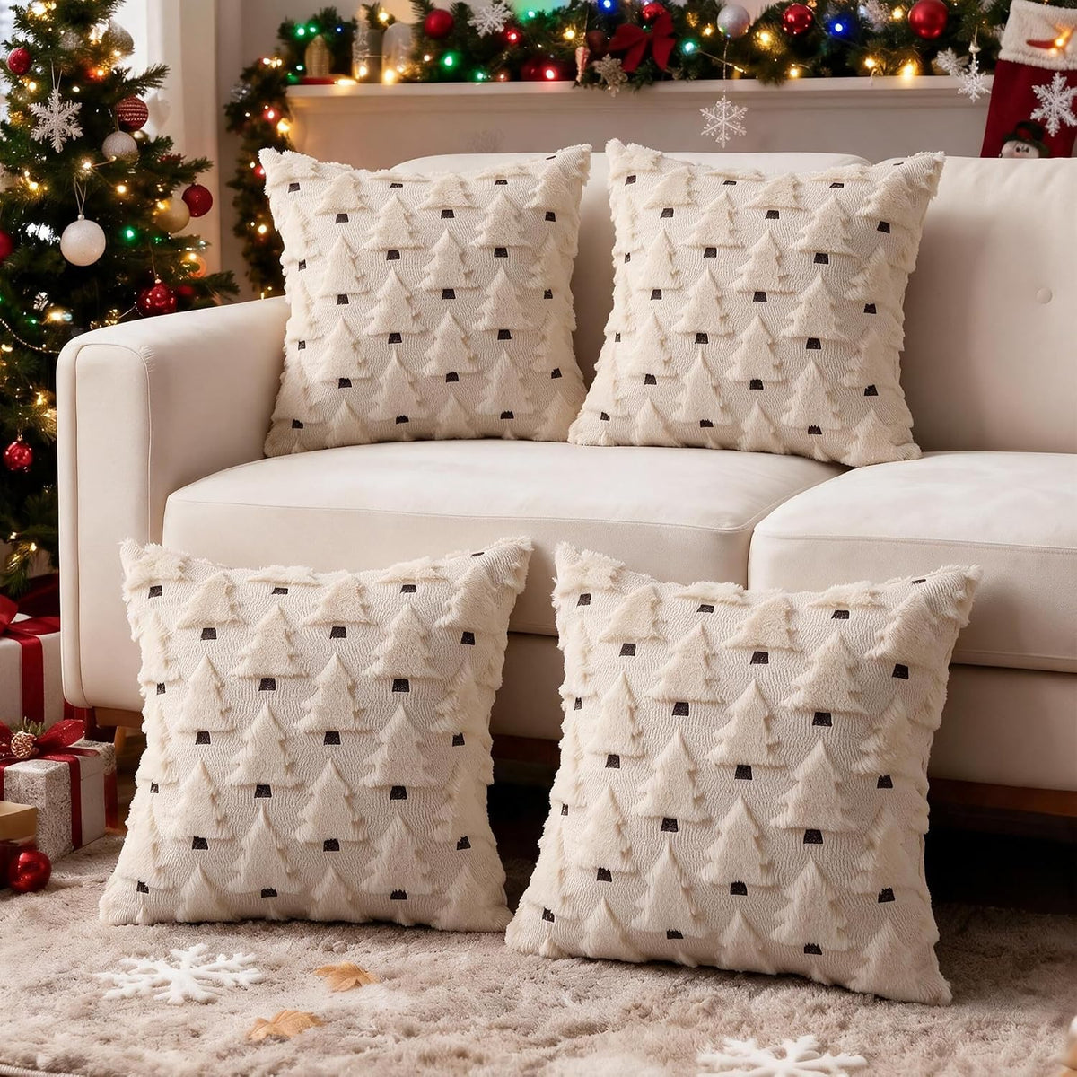 Christmas Throw Pillow Covers 18x18 inch, Beige Xmas Tree Holiday Winter Living Room Soft Fluffy Plush Faux - Set of 4
