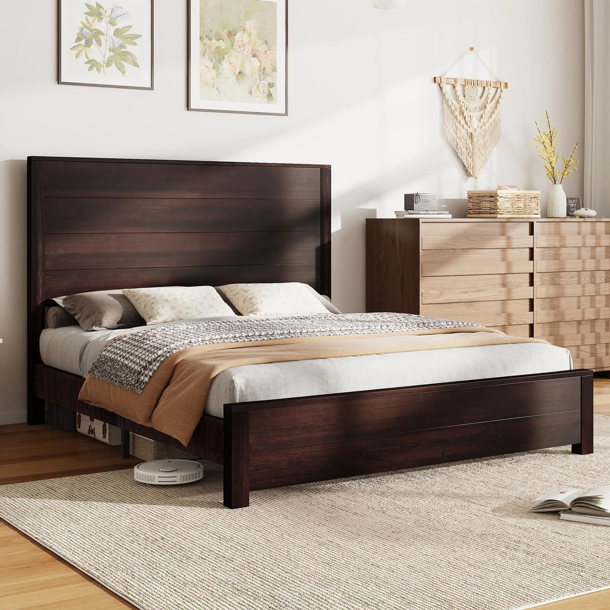 51.2" Queen Size Bed Frame, Farmhouse Wood Platform Bed, Walnut
