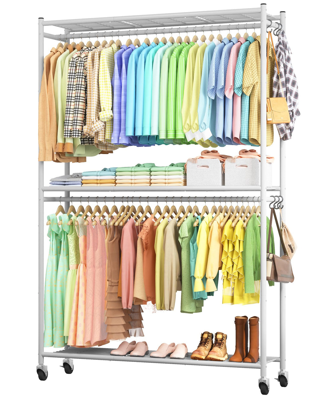 Clothes Rack - 45.2" x 12.2" x 79.5" Clothing Rack with Shelves & Wheels, Multi-Functional Wardrobe Closet with