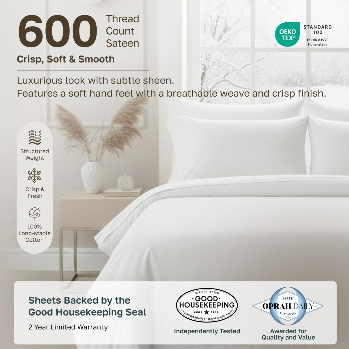 Luxury 600 Thread Count Sheets Set, Bright White