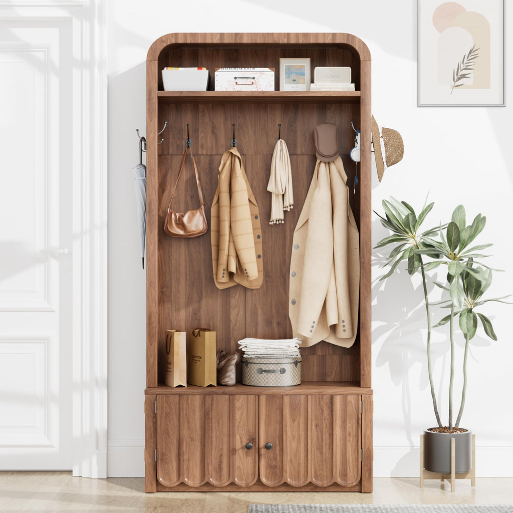 Narrow Hall Tree with Bench and Shoe Storage, Arched Mudroom Bench with Storage and Hooks, Modern Rustic Entryway