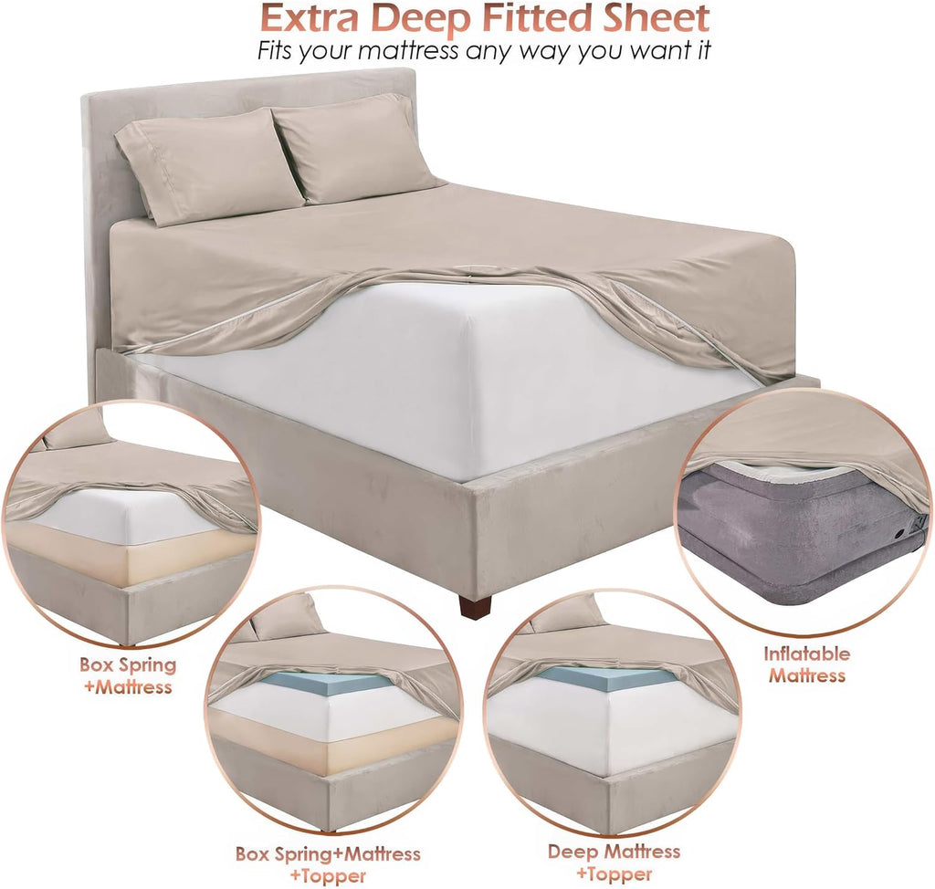 Extra Deep Pocket Sheet Sets, Luxury Soft 6 Piece Bed Sheet Set Fits Mattress 18-24 Inches - Linen