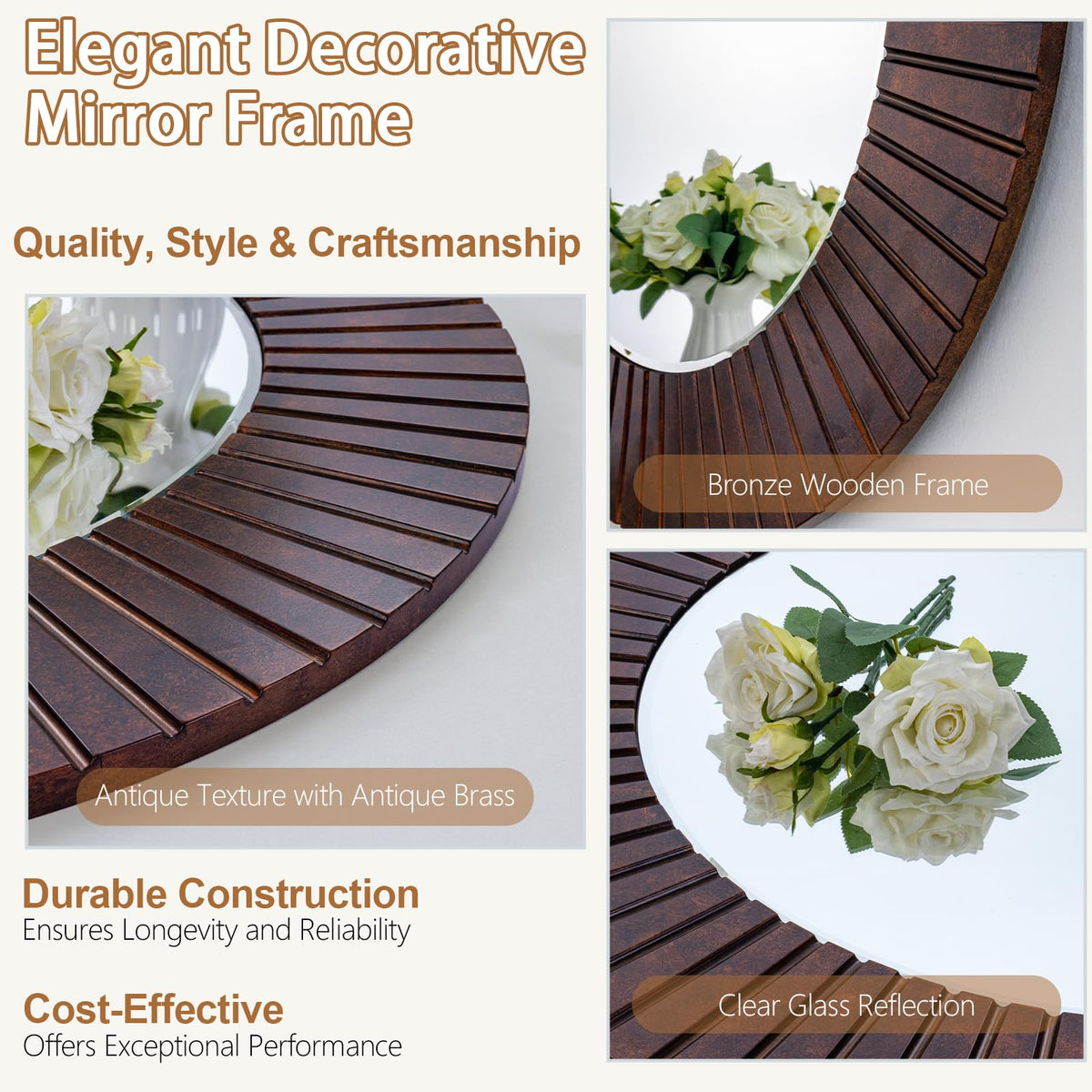 42'' Large Circle Mirror with Wood Frame, Decorative Mirror, Farmhouse Bathroom Mirrors with Bronze Groove Finish