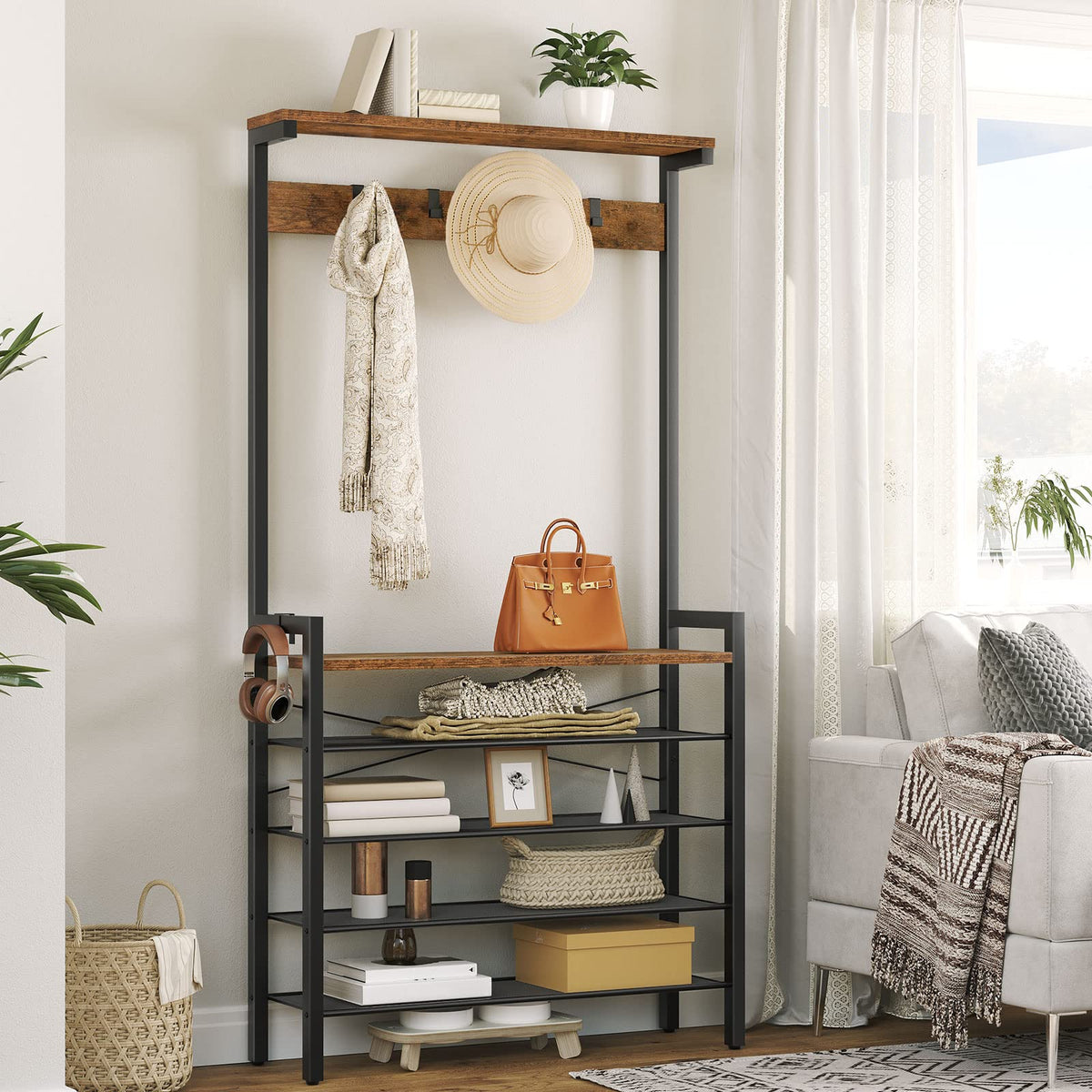 Hall Tree with Bench, Coat Rack with Shoe Storage, Shoe and Coat Rack, 5-Tier Entryway Shoe Storage, 5 Hooks, for