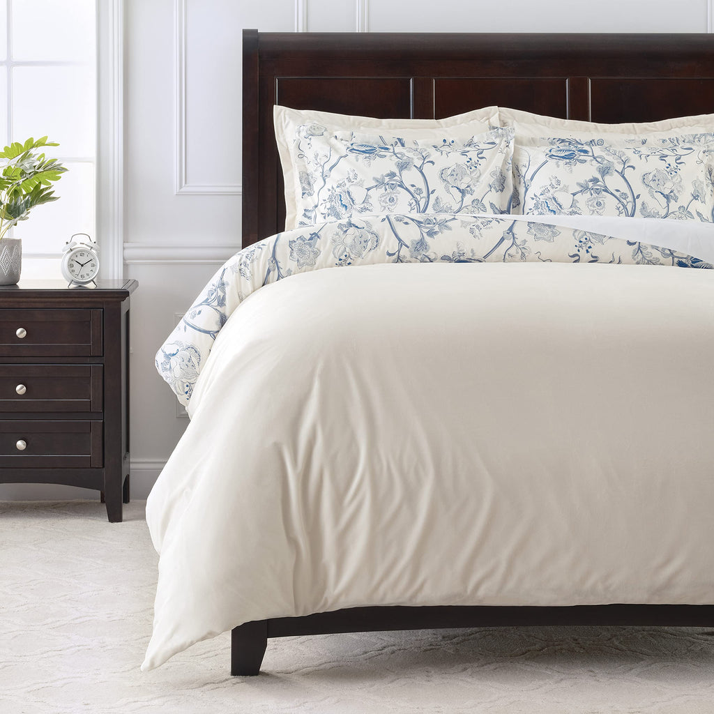 Premium 5-Piece Reversible Soft Brushed Microfiber Velvet Bedding Comforter Duvet Cover Set - Blue Cream Toile Peony