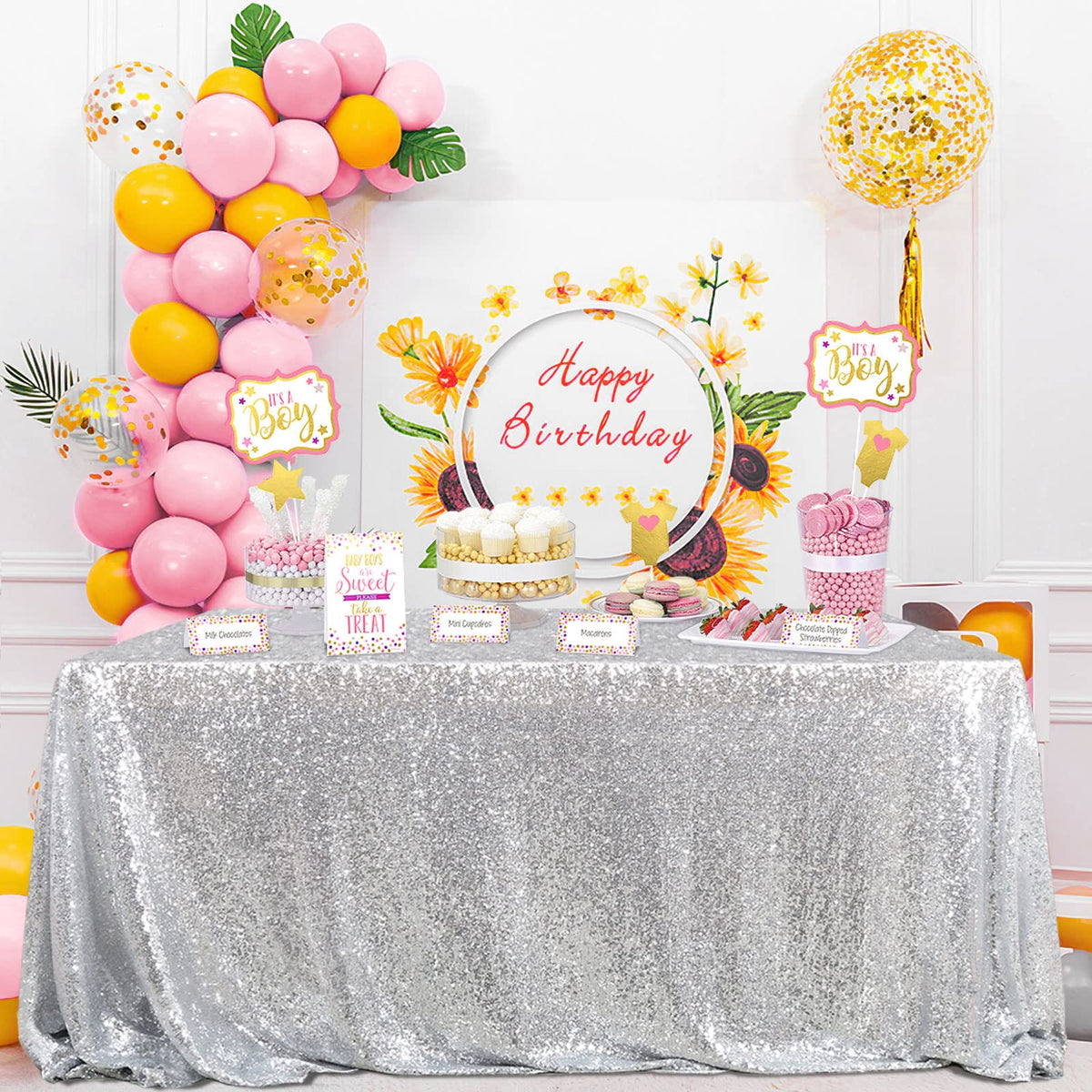 Sequin Tablecloth 60x102 Inch Silver Glitter Wedding Fabric for 6ft Table