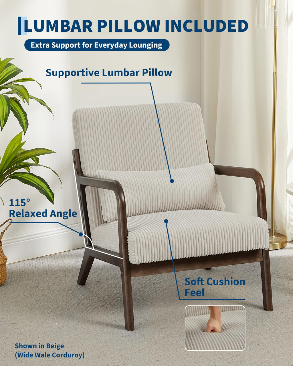 Mid Century Accent Chair Set of 2, Armchair with Lumbar Pillow