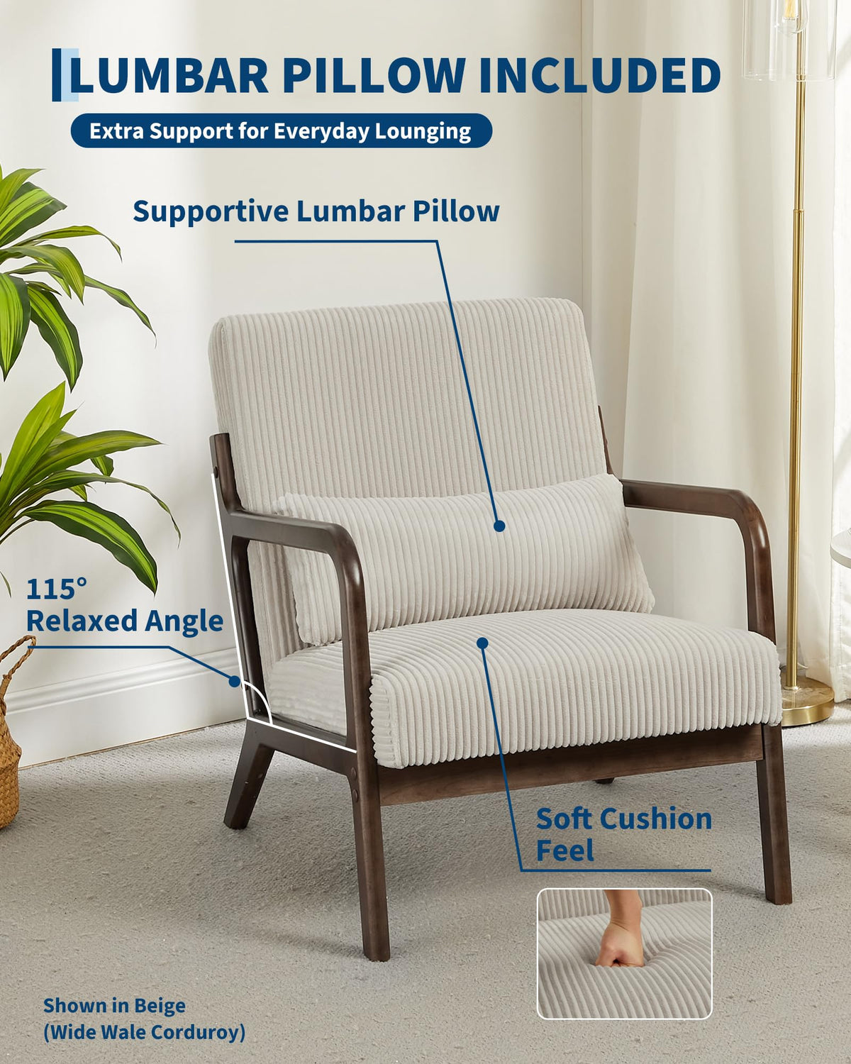Mid Century Accent Chair Set of 2, Armchair with Lumbar Pillow