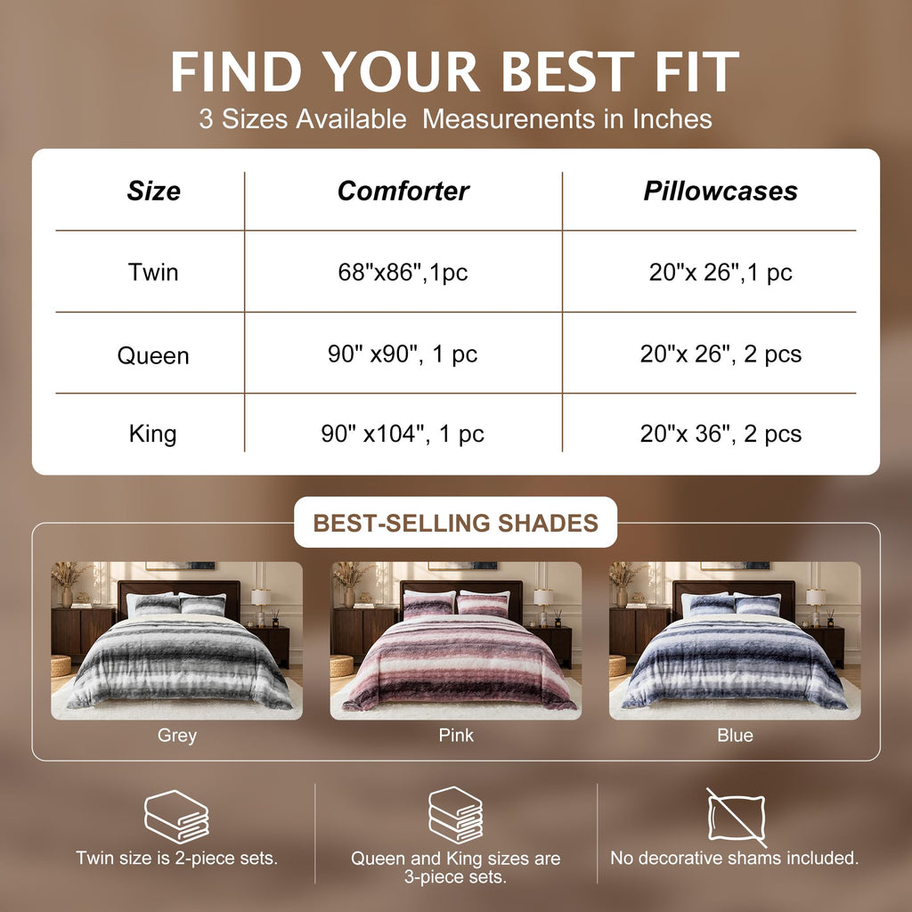 Fluffy Faux Fur Comforter Set, 2-Piece Plush Bedding, Grey