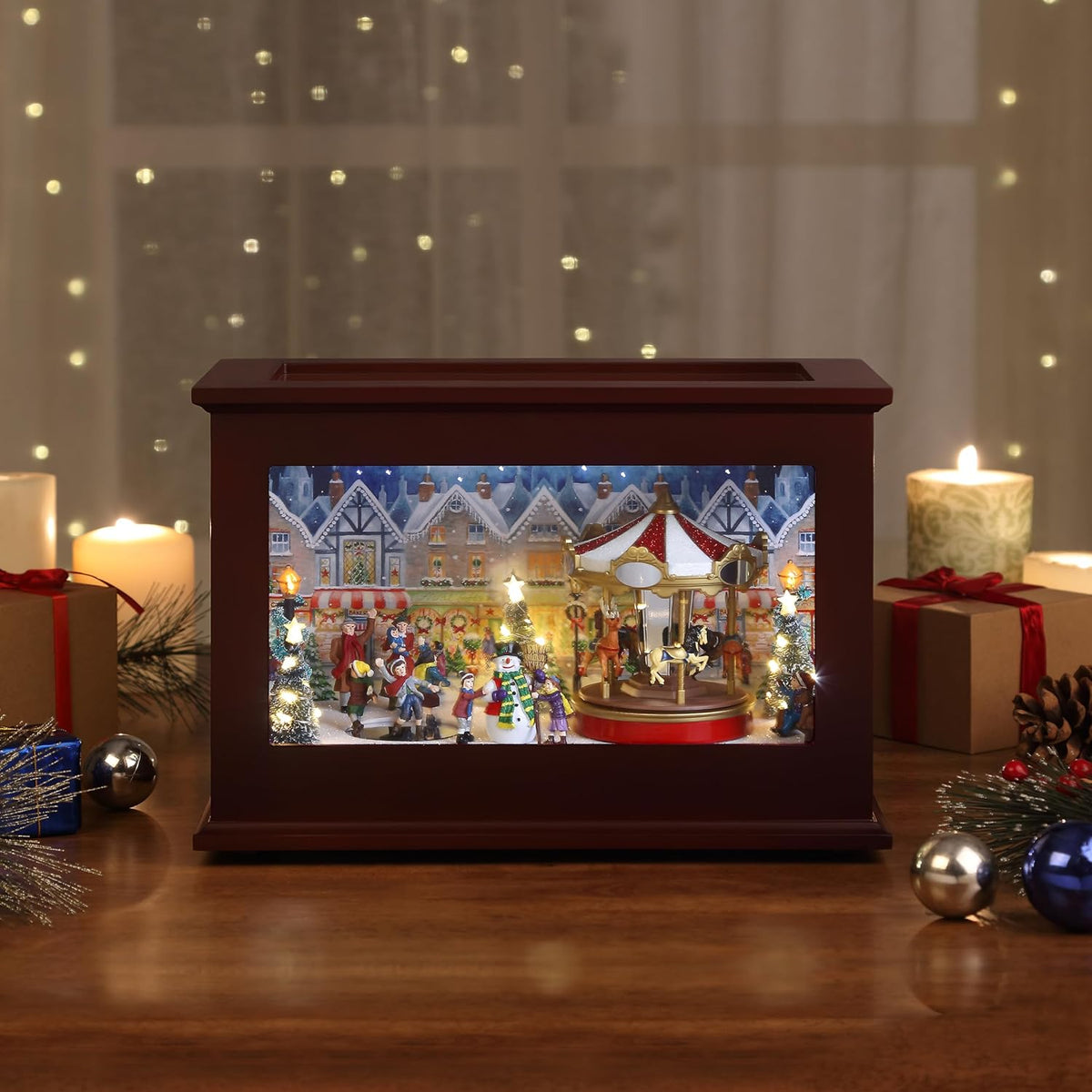 Heirloom Animated Glass and Wood Christmas Music Box, Holiday Décor, Plays 35 Songs, Brown