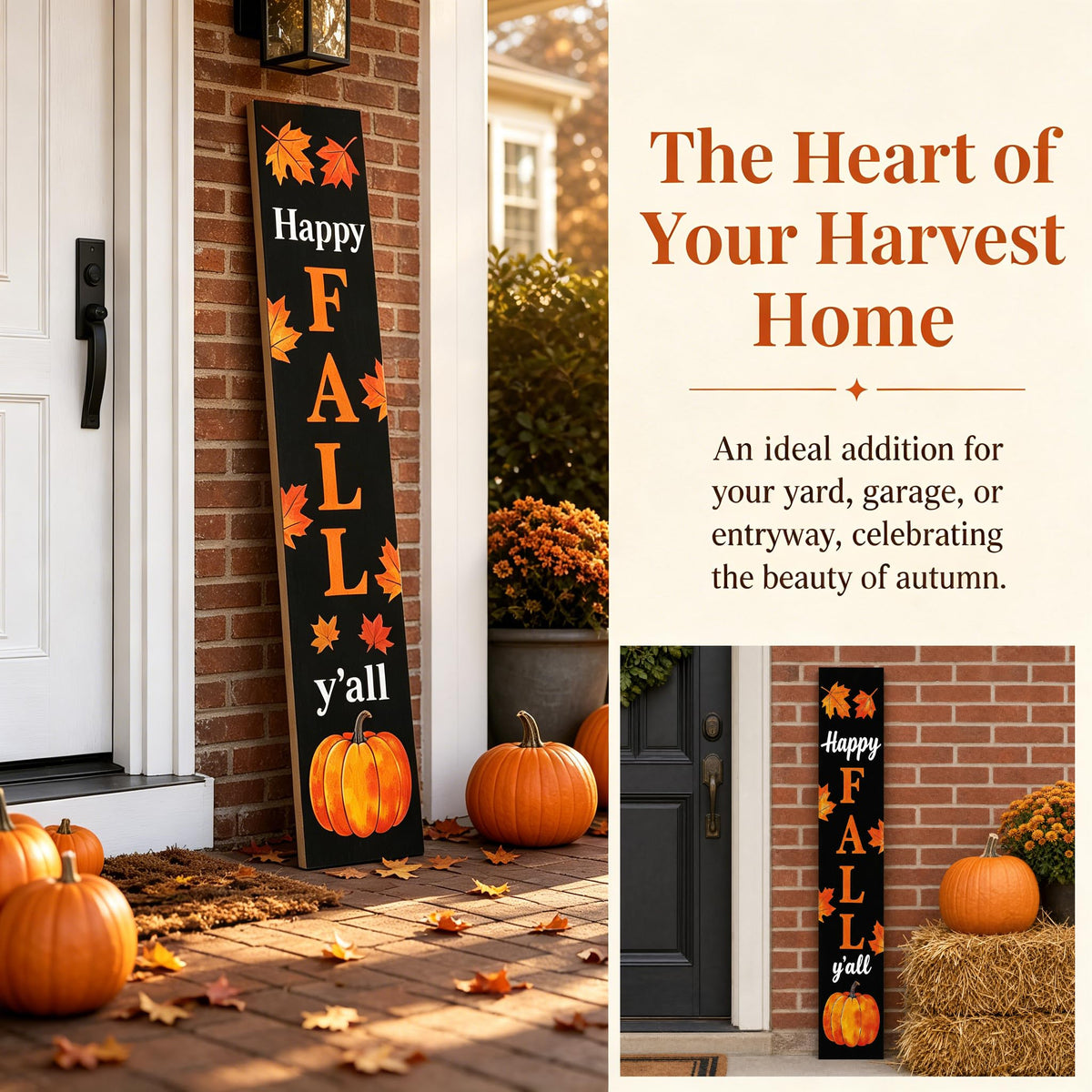 Happy Fall Y'all 47" Tall Vertical Wooden Porch Sign Black Rustic Farmhouse Fall Decor with Maple Leaf Pumpkin