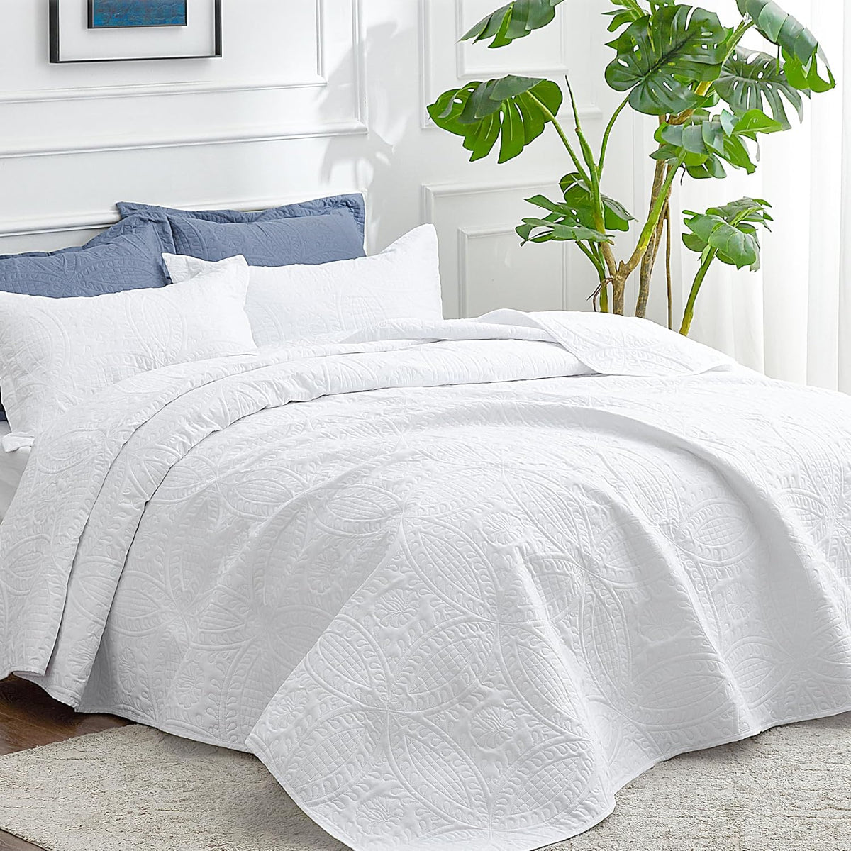 White Quilt Set Bedspreads - Soft Lightweight Coin Pattern Coverlet Bedspread Comforter - Twin, Full, Queen, King