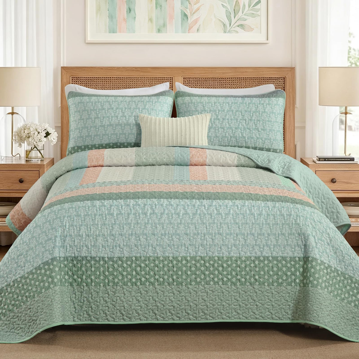 Quilt Set, Boho Stripe Bedspread, Vintage Green