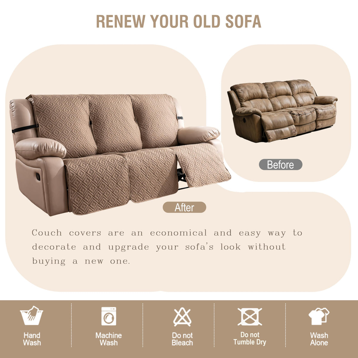 Recliner Sofa Cover Washable, Waterproof Couch Sofa Cover, 3 Seater