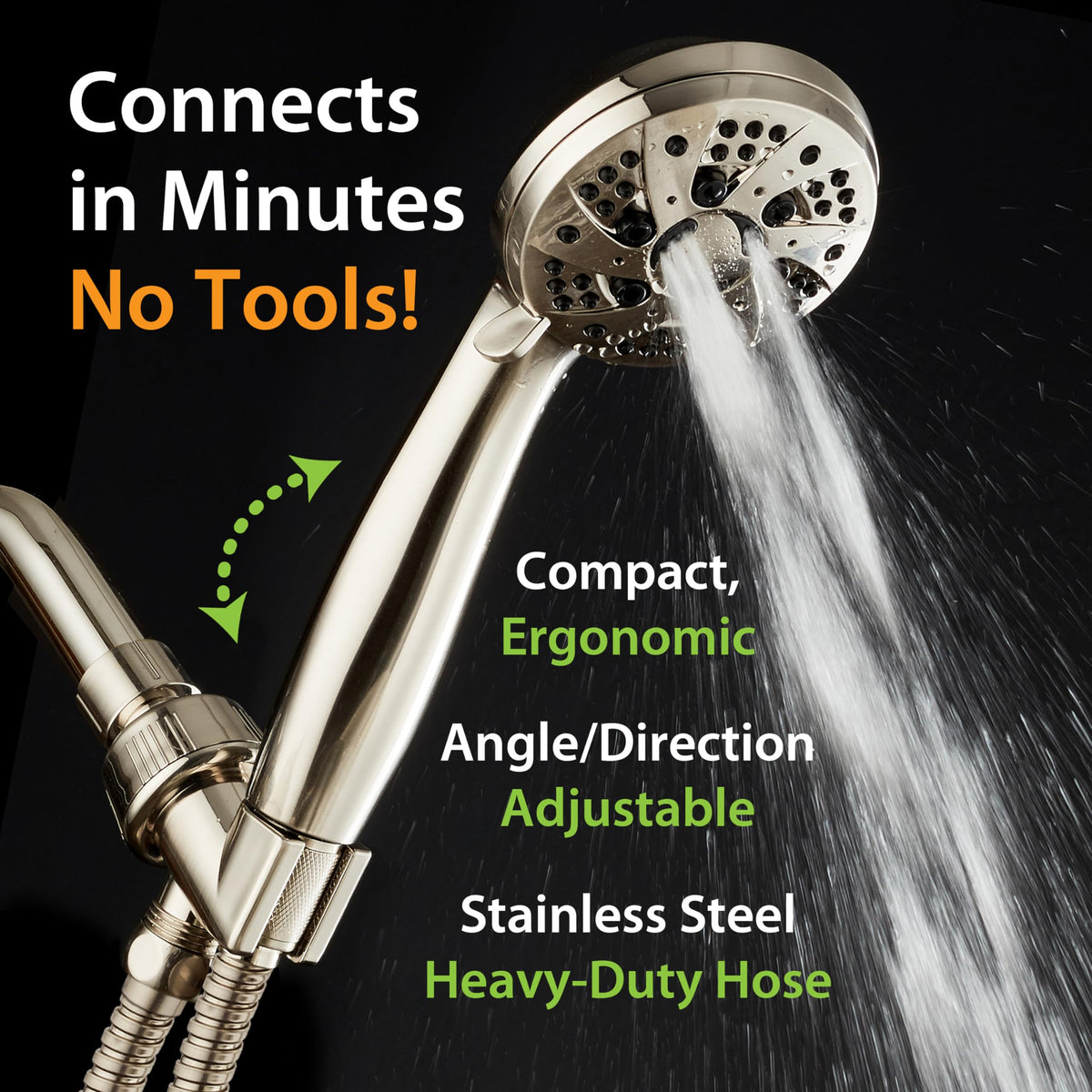 High Pressure 6-Setting Full Brushed Nickel Handheld Shower Head with Stainless Steel Hose. Officially Independently