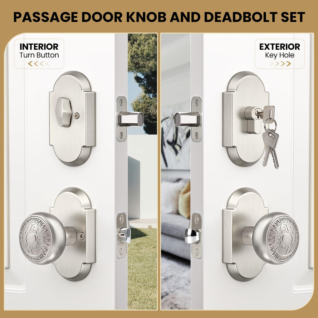 Satin Nickel Door Knobs with Deadbolt, Door Lock Set with Lock and Key