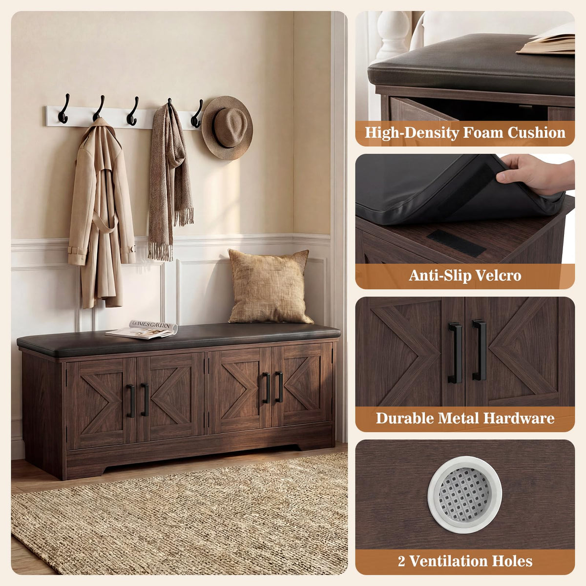 43.3" Farmhouse Shoe Storage Bench with Cushion