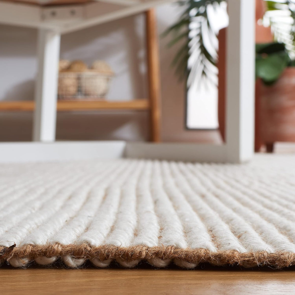 Natural Fiber Area Rug, Ivory & Natural, Handmade Woven Farmhouse Fringe Jute