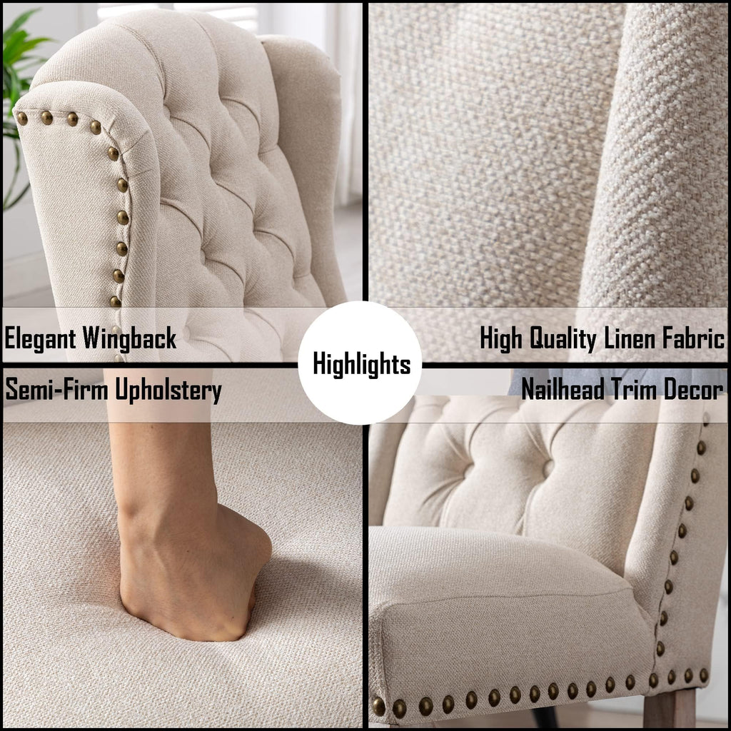 High Back Parsons Set of 2, Tufted Wingback Upholstered French Country Chairs with Nailhead Trim /Dining/Living