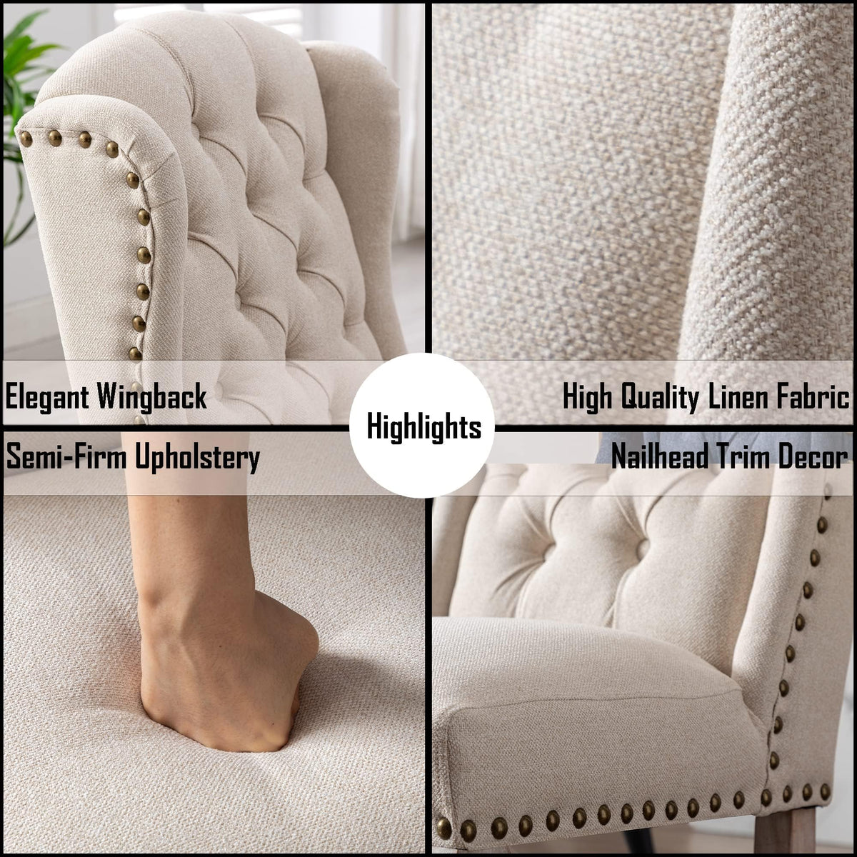 High Back Parsons Set of 2, Tufted Wingback Upholstered French Country Chairs with Nailhead Trim /Dining/Living