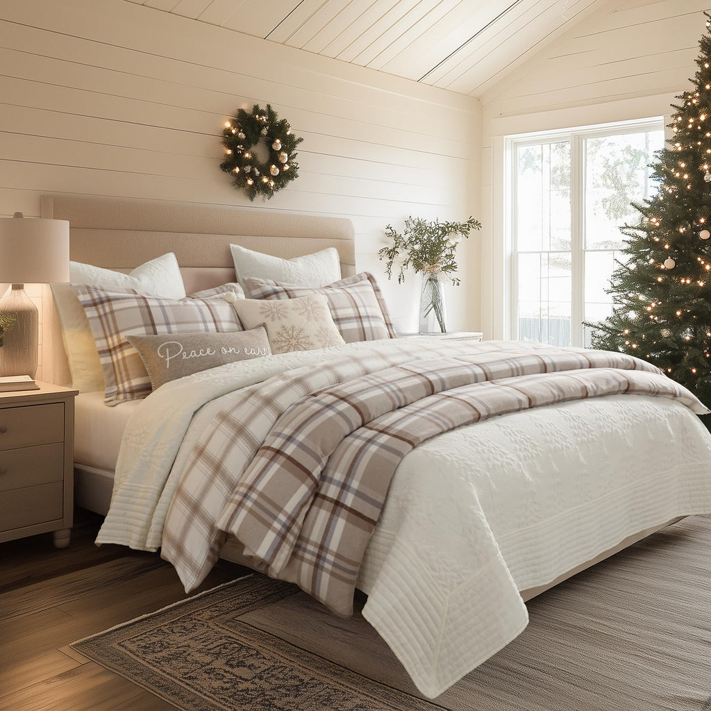 Spencer Plaid Neutral - Comforter (90x94in.) + Two Standard Shams (20x26in.) - Plaid - Beige Tan Cream