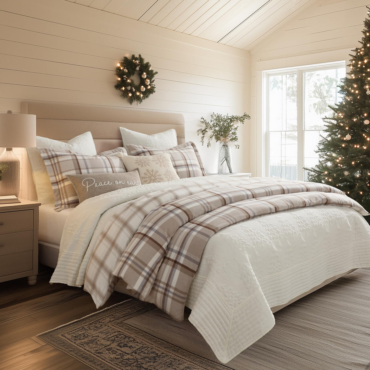 Spencer Plaid Neutral - Comforter (90x94in.) + Two Standard Shams (20x26in.) - Plaid - Beige Tan Cream